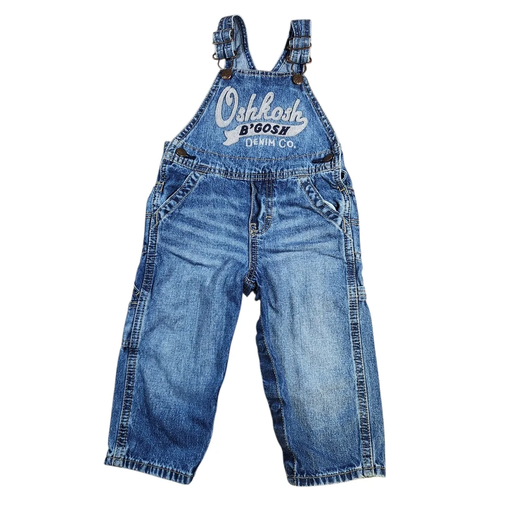 OSHKOSH B'GOSH Boys Denim Blue Jeans Embroidered Overalls 18 Months